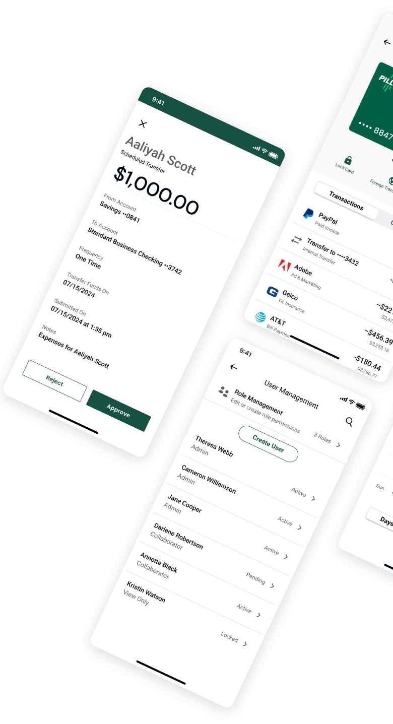 Collection of mobile app screens showing a scheduled transfer approval, transaction history, and user management features.