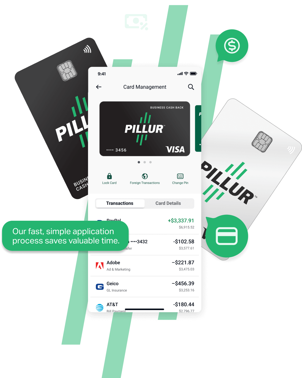 Promotional image showcasing Pillur business cashback cards with a mobile app interface highlighting card management and transactions.