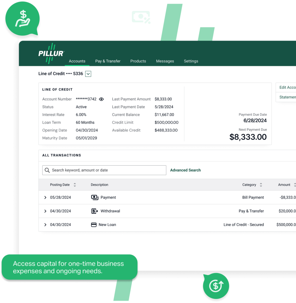 Dashboard view of a business line of credit account showing payment details, balance, credit limit, and recent transactions.