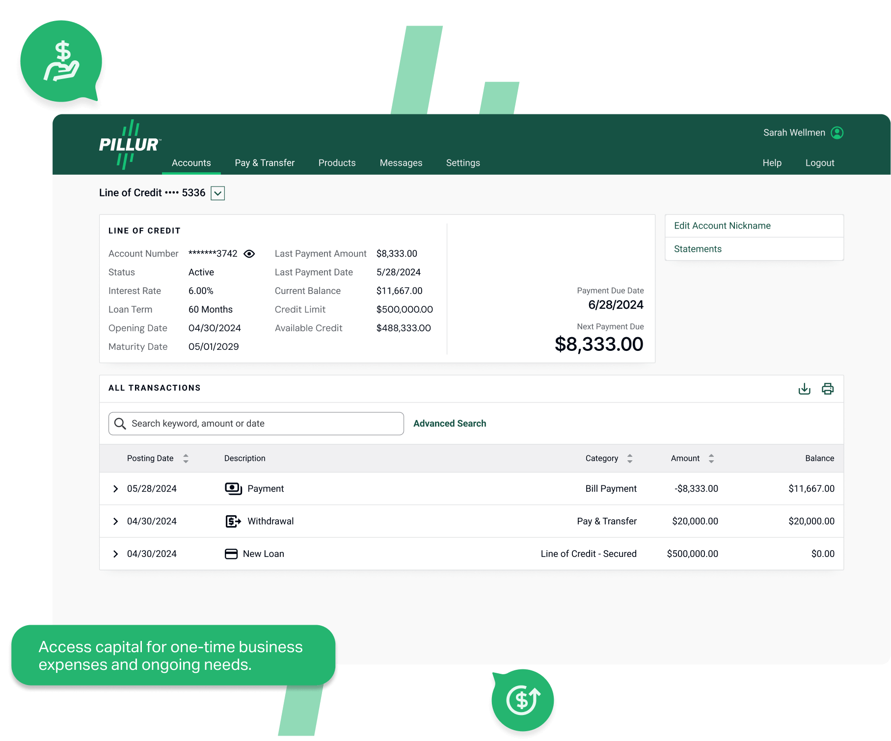 Web dashboard view of a business line of credit account with loan details, payment history, and available credit for ongoing business needs.