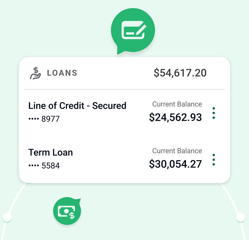 Mobile app screen displaying loan details with current balances for a secured line of credit and a term loan.